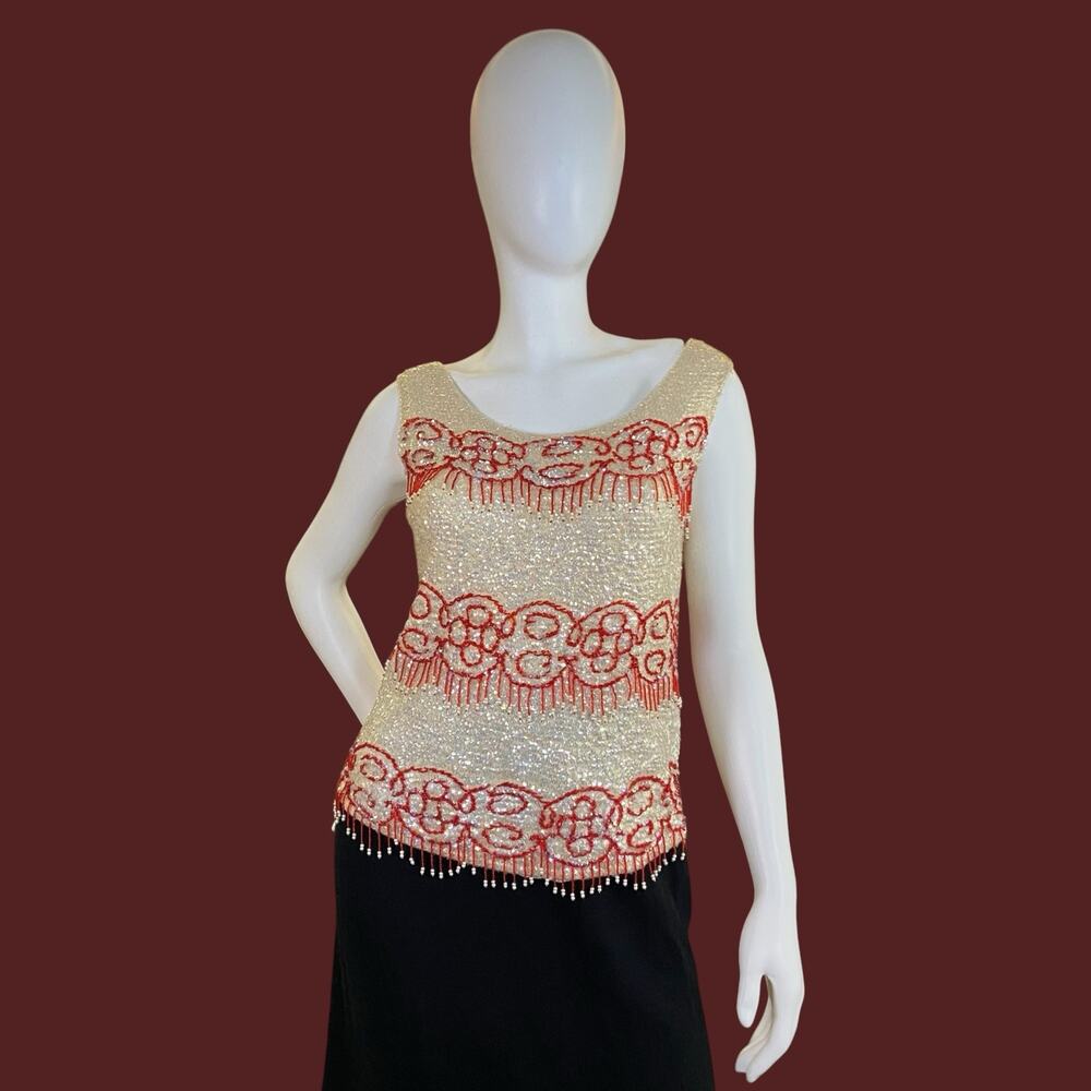 1950s Vintage Imperial Imports Beaded Top Hong Kong Sequin Cocktail Blouse